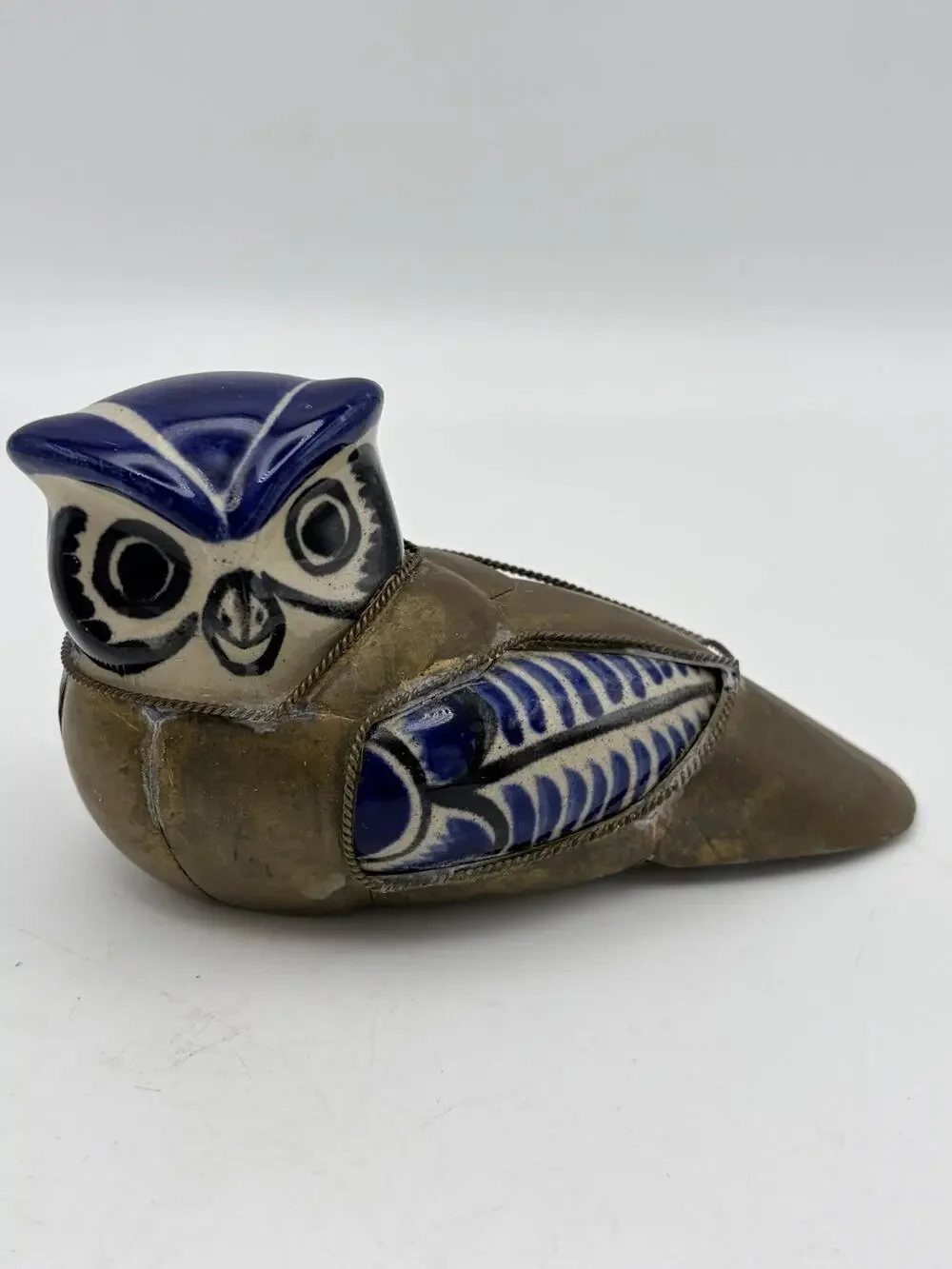 Vintage Tonala Mexican Folk Art Pottery Brass Metal Armoured Ceramic Owl 3